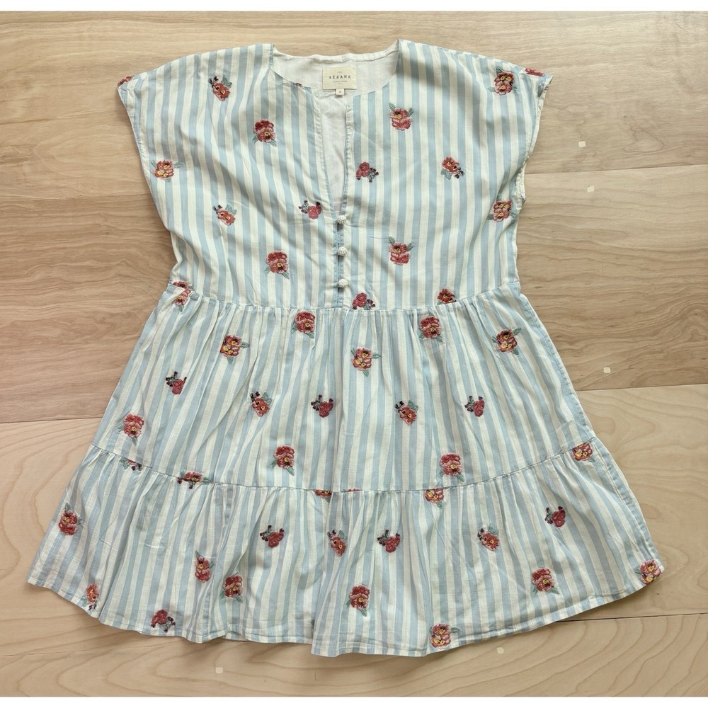 Sezane Saphir Mini Dress Stripe Floral Cottage Coastal Garden Party Women's 36 S